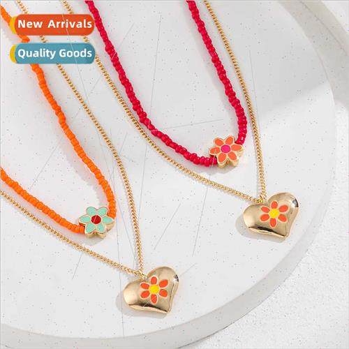 Handmade beaded love small flowers enamel drip oil double ne