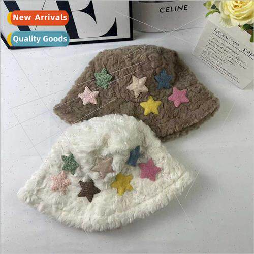Autumn winter rabb hair dopamine show face small bucket hat