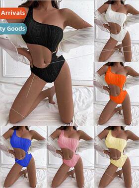 2023 New iEurope Solid Color One Shoulder One-piece Swimsu S