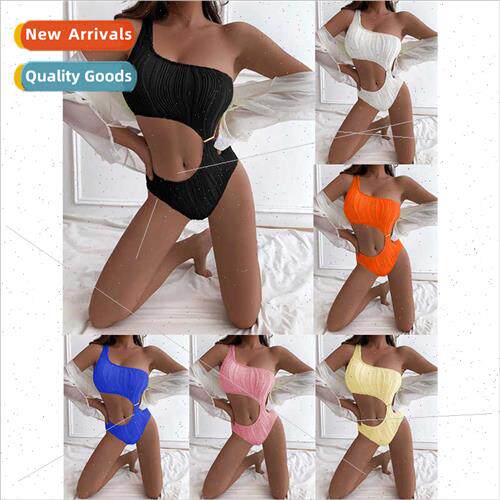 2023 New iEurope Solid Color One Shoulder One-piece Swimsu S