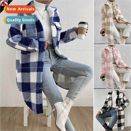 Autumn winter open buckle lapel plush plaid jacket loose tem