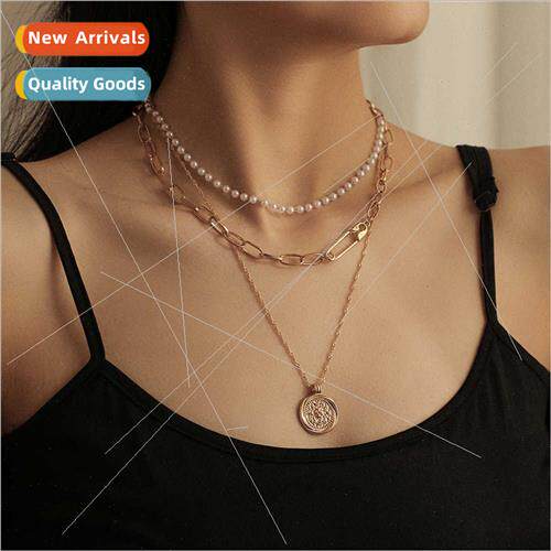 Europe new necklace fashion pearl compass pendant multi-laye