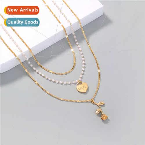 Europe Creative Love Heart Rose Faux Pearls Lock Bone Chain