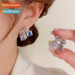 Europe square crystal s925 female pin earrings fashio silver