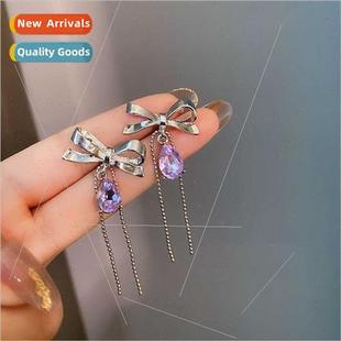French bow drop silver purple needle vintage S925 earrings