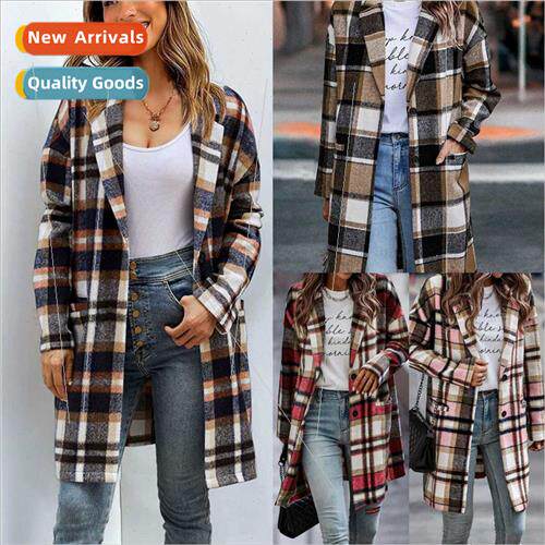 2023 fall winter new women lapel pocket plaid tweed jacket
