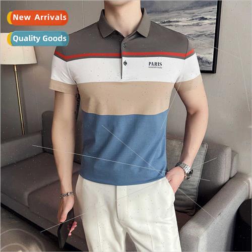 Striped lapel POLO shirt men 2022 summer collision color lap