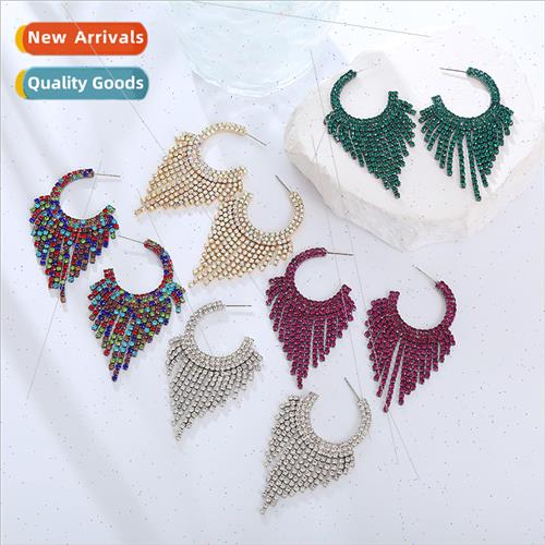 Europe new light luxury semi-circular rhinestone tassel long