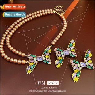 Necklace Diamonds Hollowed Out Ribbon Pearls Chain Necklace