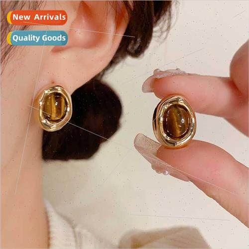 Retro Chinese niche oval tiger eye stone earrings s925 silve