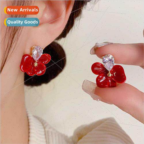 celebry fashion zirconia red oil drop flower earrings female