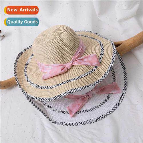 Pink bow big brim hat round top straw hat ladies fashion hat