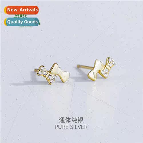 S925 silver plated 14K yellow gold mini cute bow Korea exqui