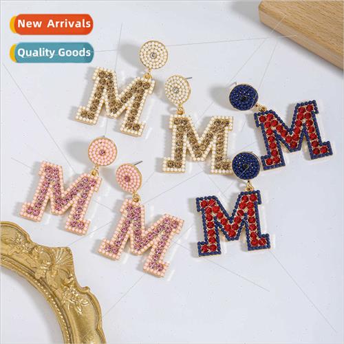 Europe wind fashion English letter M diamond earrings ins wi