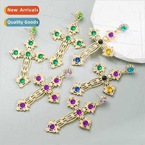 Europe fashion ins alloy diamond cross long earrings female