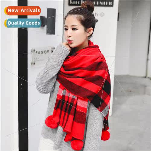 Plaid rabb hair pom pom scarf Classic versatile temperament