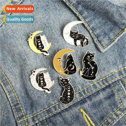 Cartoon cute ltle black cat brooch exquise moon cat pin enam