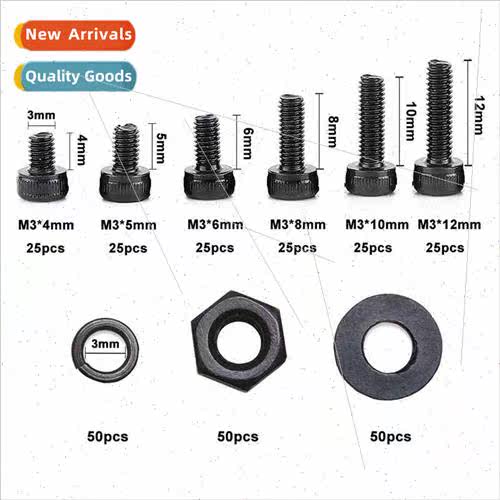 300PCS Black Hexagon Socket Head Cap Screws M3 Bolts Nuts Fl