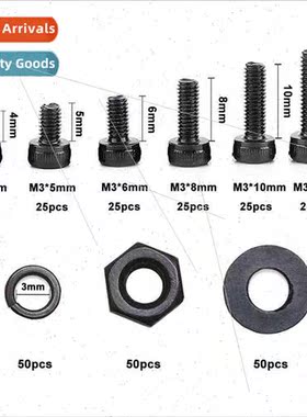 300PCS Black Hexagon Socket Head Cap Screws M3 Bolts Nuts Fl