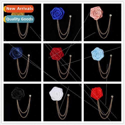 Burgundy Rose Flower Men Chain Brooch Festive Red Flower Tas