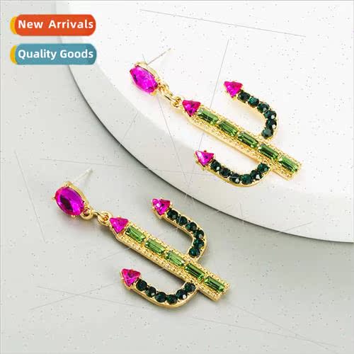 Europe personalized cactus-shaped earrings female alloy rhin