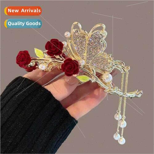 Ancient red rose butterfly tassel hair clips female back hea