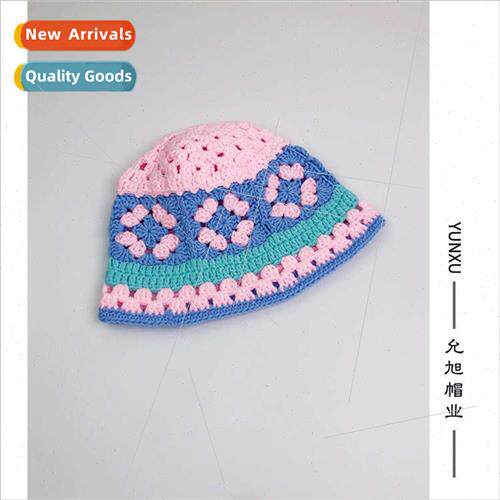 Japanese ins pink hollow flowers hand-knted pot hat female s