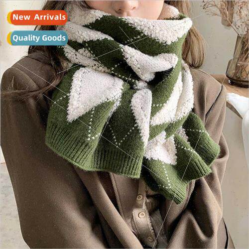 Japanese retro diamond plaid scarf female fall winter warm K