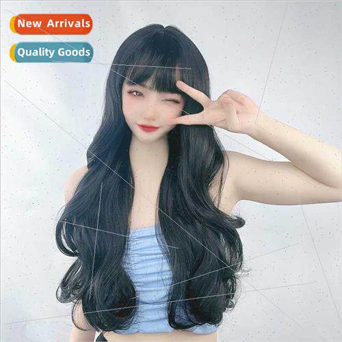 Wig female matte silk air bangs black long curly hair big wa