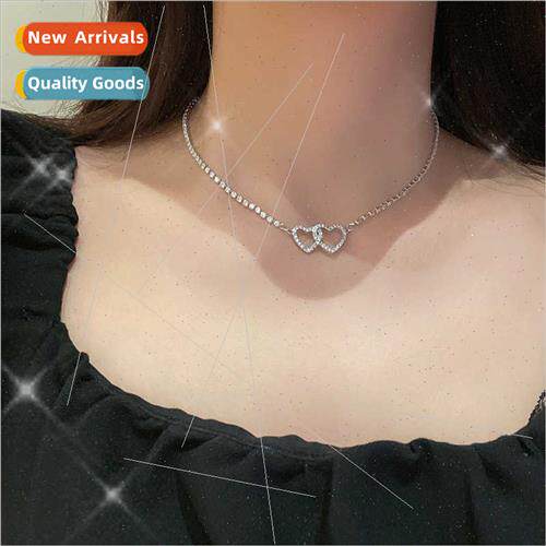 Summer new ins delicate silver double love pendant diamond n