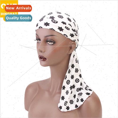 New stch printed long tail pirate hat lace up wrap around ha
