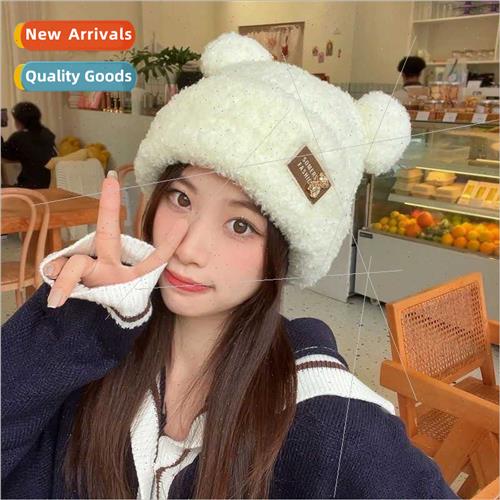 Autumn winter plush bear ears wool hat metal label knted pad