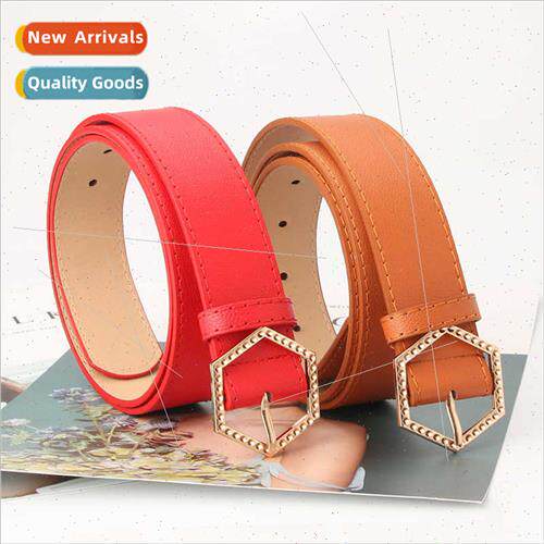 Women belt lychee grain imation leather belt hexagonal alloy