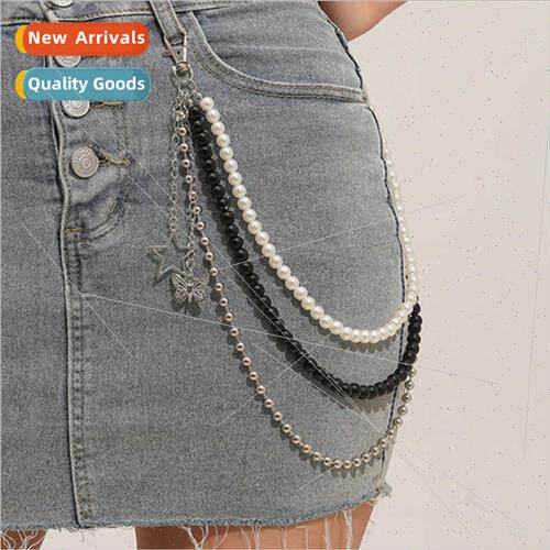 Europe simple versatile beads tassel pants chain jeans skirt