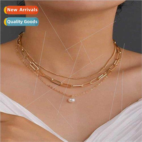 mple multi-layer pearl pendant necklace metal chain pearl ne