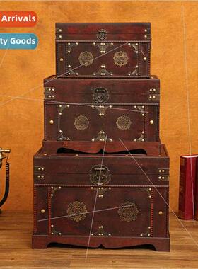 Vintage Large Wooden Chest Three Piece Set Home Clothes Clut