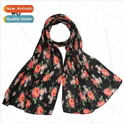 Women Pearl Chiffon Printed Embossed Pleated Malay Long Scar