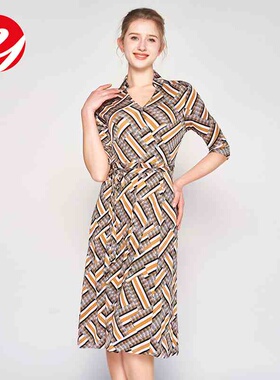 Silk dress women 2023 summer new medium-sleeved lapel printe