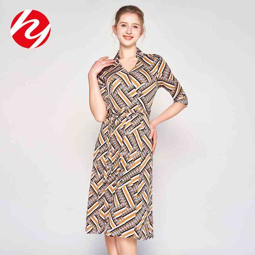 Silk dress women 2023 summer new medium-sleeved lapel printe