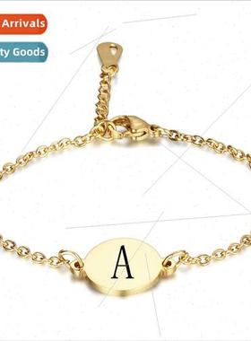 Round Stainless Steel 26 Alphabet Bracelet Gold Engraved Tan