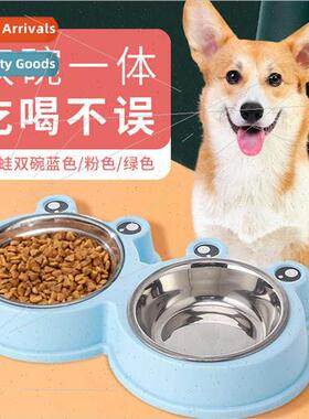 Cartoon frog pet double bowl removable dog cat stainless ste