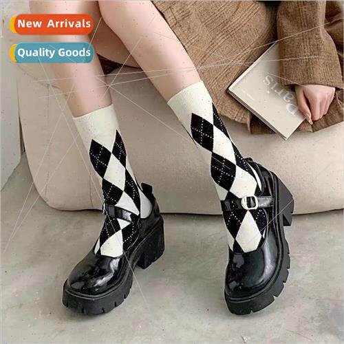 Socks female spring and fall mid-calf socks Japanese rhombus