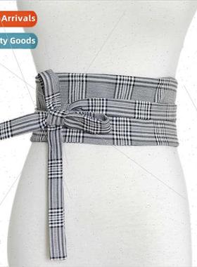 Women Europe Fashion Hundreds Gingham Wide Belt Bow Tie Wome
