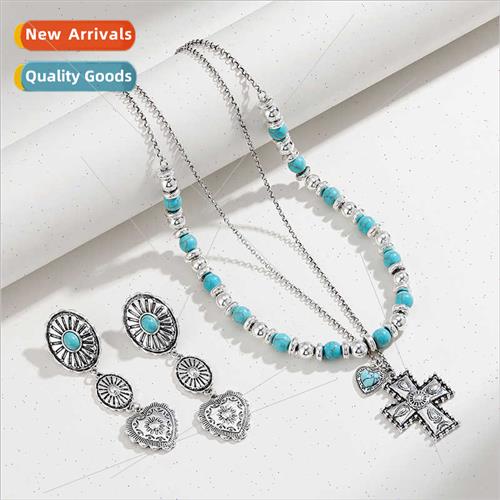 Vintage Faux Turquoise Double Layered Cross Necklace Women E