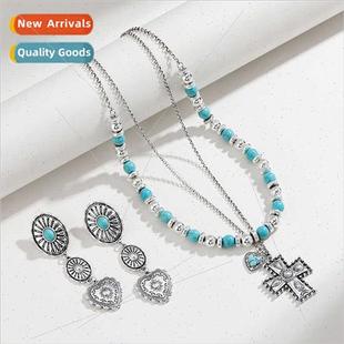 Double Layered Cross Vintage Women Turquoise Necklace Faux