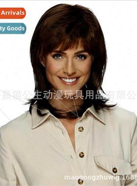 Women Wigs Medium Length Inner Button Angled Bangs High Temp