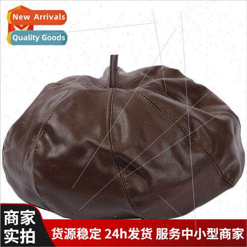 Women new octagonal cap black brown leather cap head layer s
