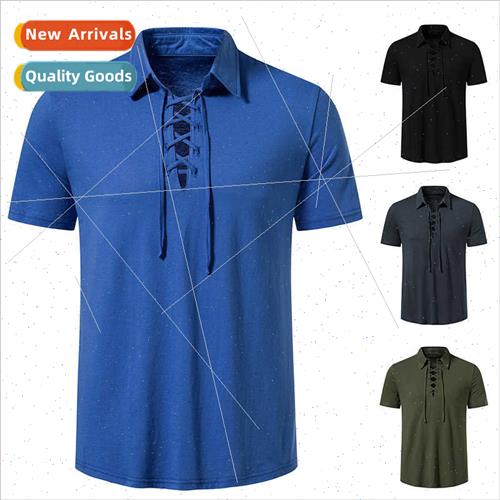 Men Henry Neck Tie Down Casual Beach Short Sleeve T-Shirt B0