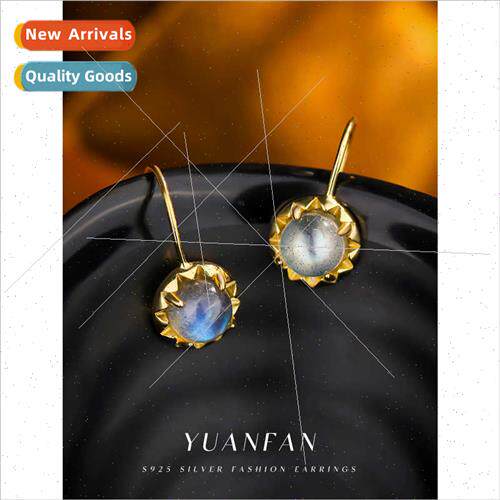 s925 silver natural moonstone earrings female retro sunflowe
