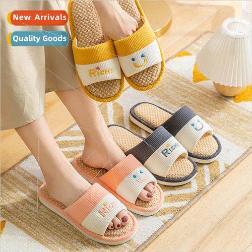 2021 new linen slippers cartoon smiley couple four simple ho
